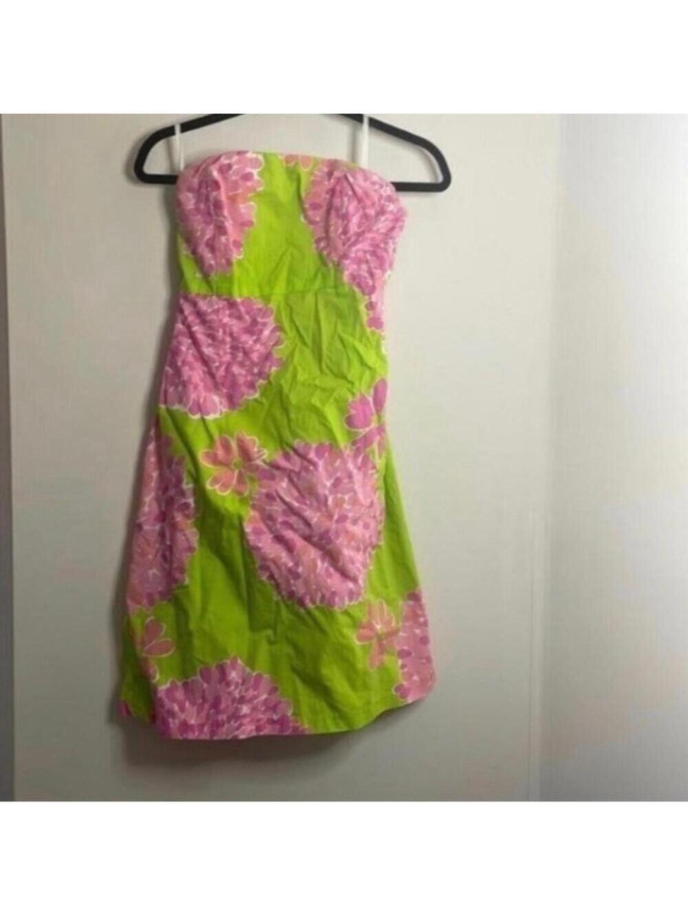 ✅Lilly Pulitzer Green Strapless Dress Pink Floral and Cut Out Back